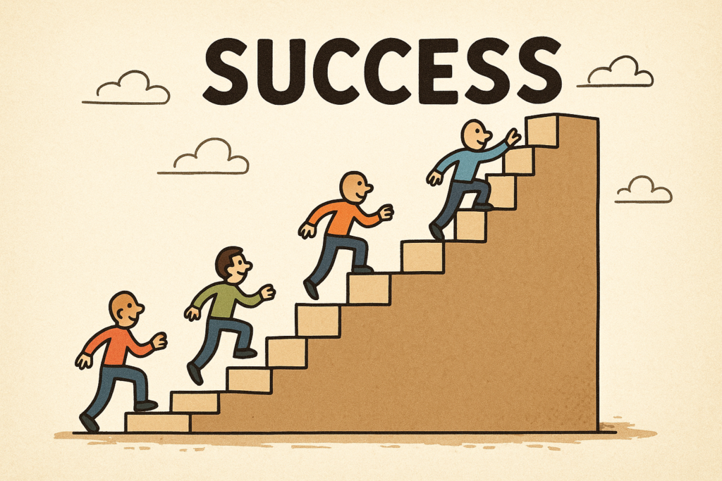 A cartoon illustration showing four figures climbing a staircase labeled “SUCCESS,” symbolizing that success is a step-by-step process. Each figure represents consistent effort and daily progress, reinforcing the message that achievement comes from persistence, discipline, and embracing the journey rather than focusing solely on the destination.