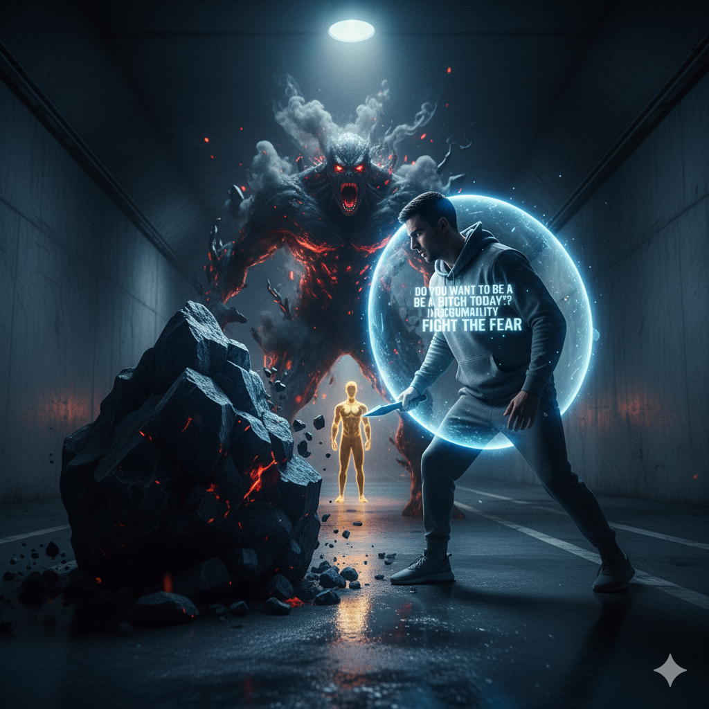 Man with a glowing shield and sword fighting a large, smoky monster representing procrastination. A golden silhouette of potential stands in the background.