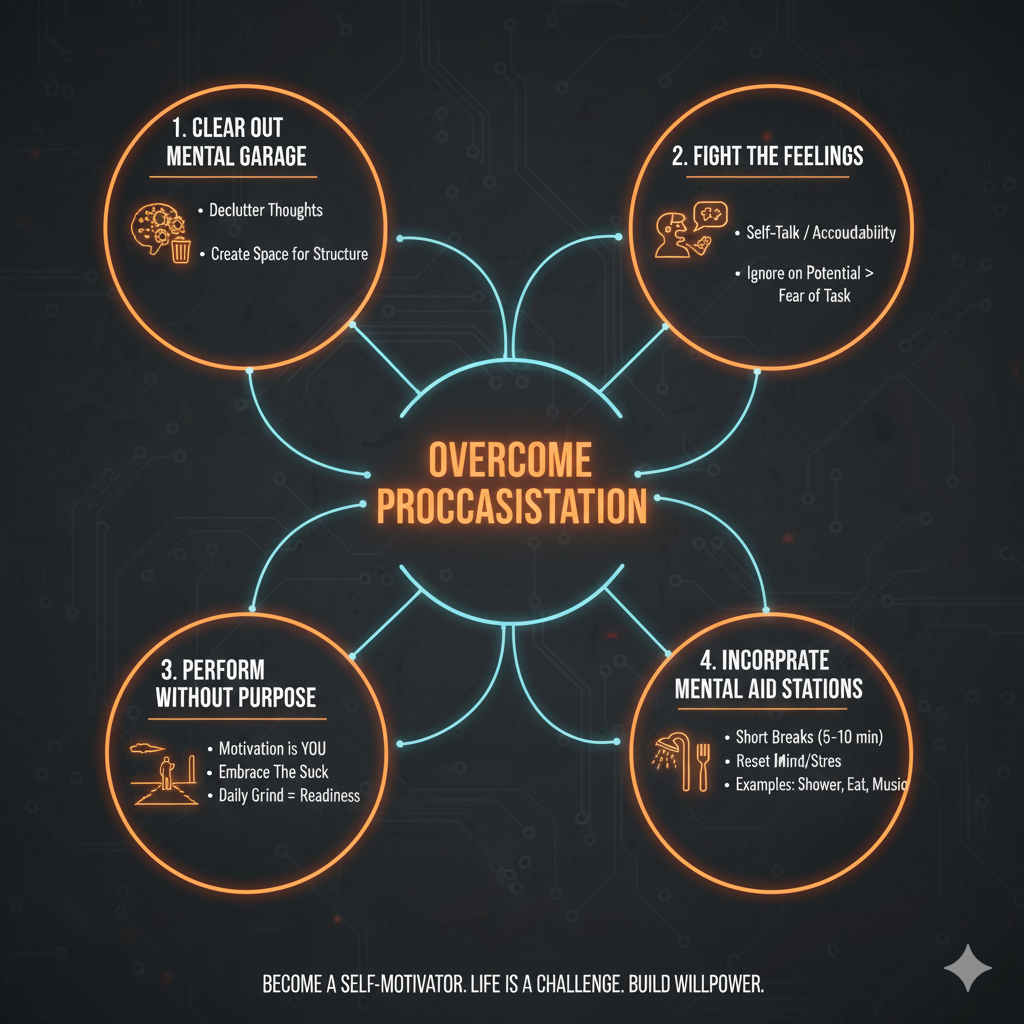 Mind map showing 4 steps to overcome procrastination: clear mental garage, fight feelings, perform without purpose, incorporate mental aid stations.