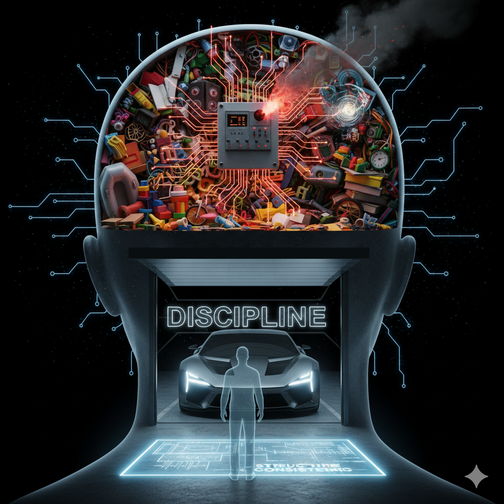 Conceptual image of a human head as a cluttered garage with a sleek "DISCIPLINE" car parked neatly in front, symbolizing a clear mind creating space for focus.