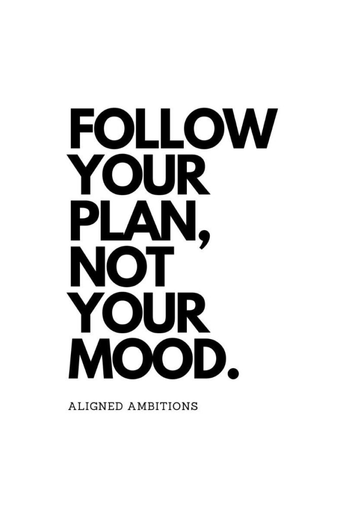 A powerful quote about building willpower and discipline, stating in bold text: 'Follow your plan, not your mood