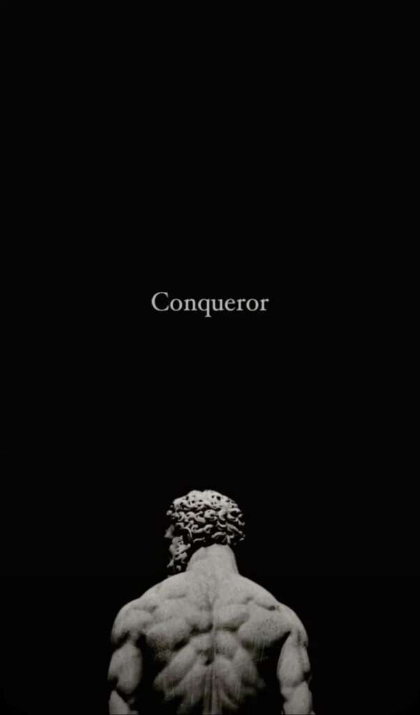 A minimalist black background featuring the word “Conqueror” in the center, with a marble statue of a muscular male figure viewed from behind at the bottom. The image conveys strength, discipline, and mastery—symbolizing self-control and the power of building routines that automate success.